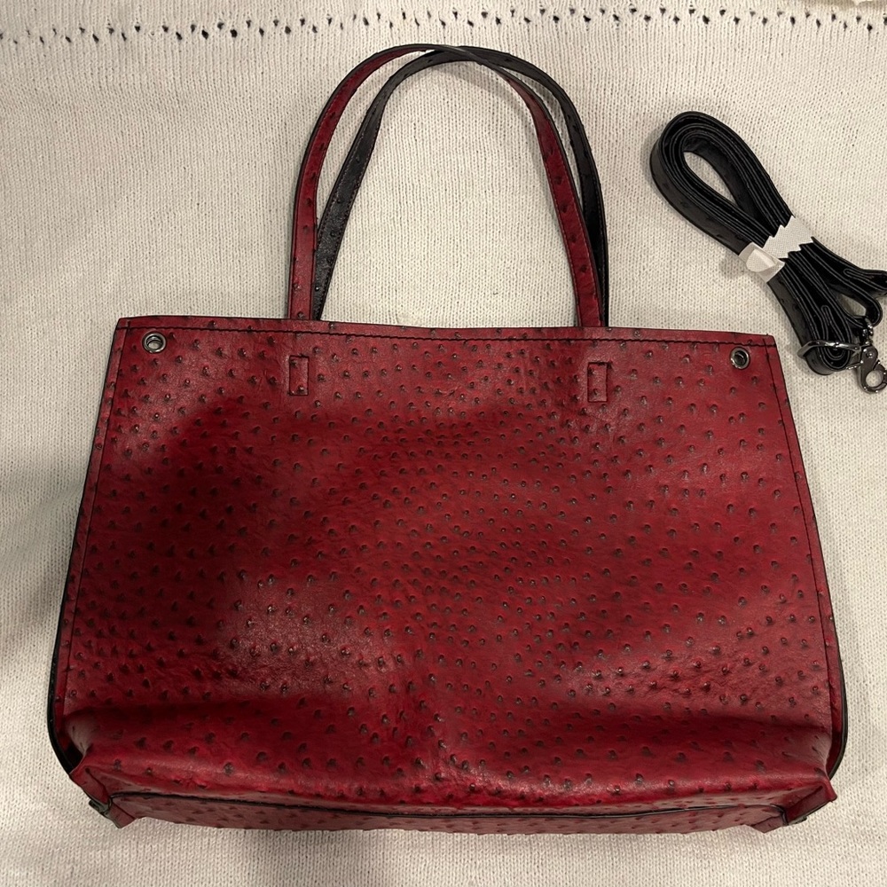 Structured Red Faux-Ostrich Tote with Dual Handles and Removable Strap